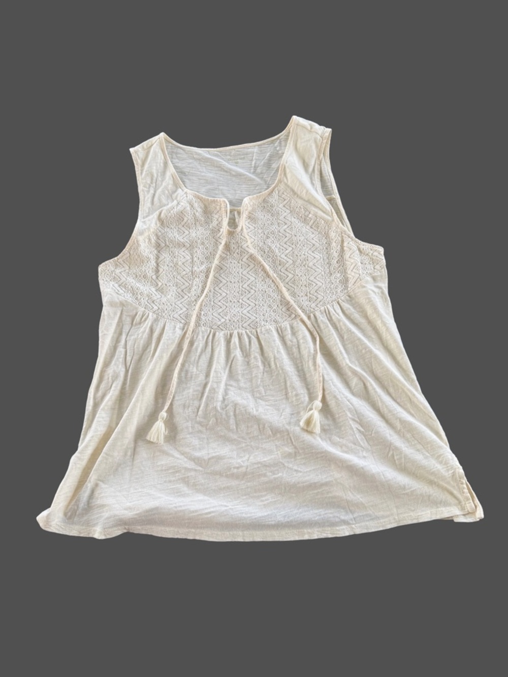 Women's Cream Sleeveless Lace-Yoke Boho Peasant Top
